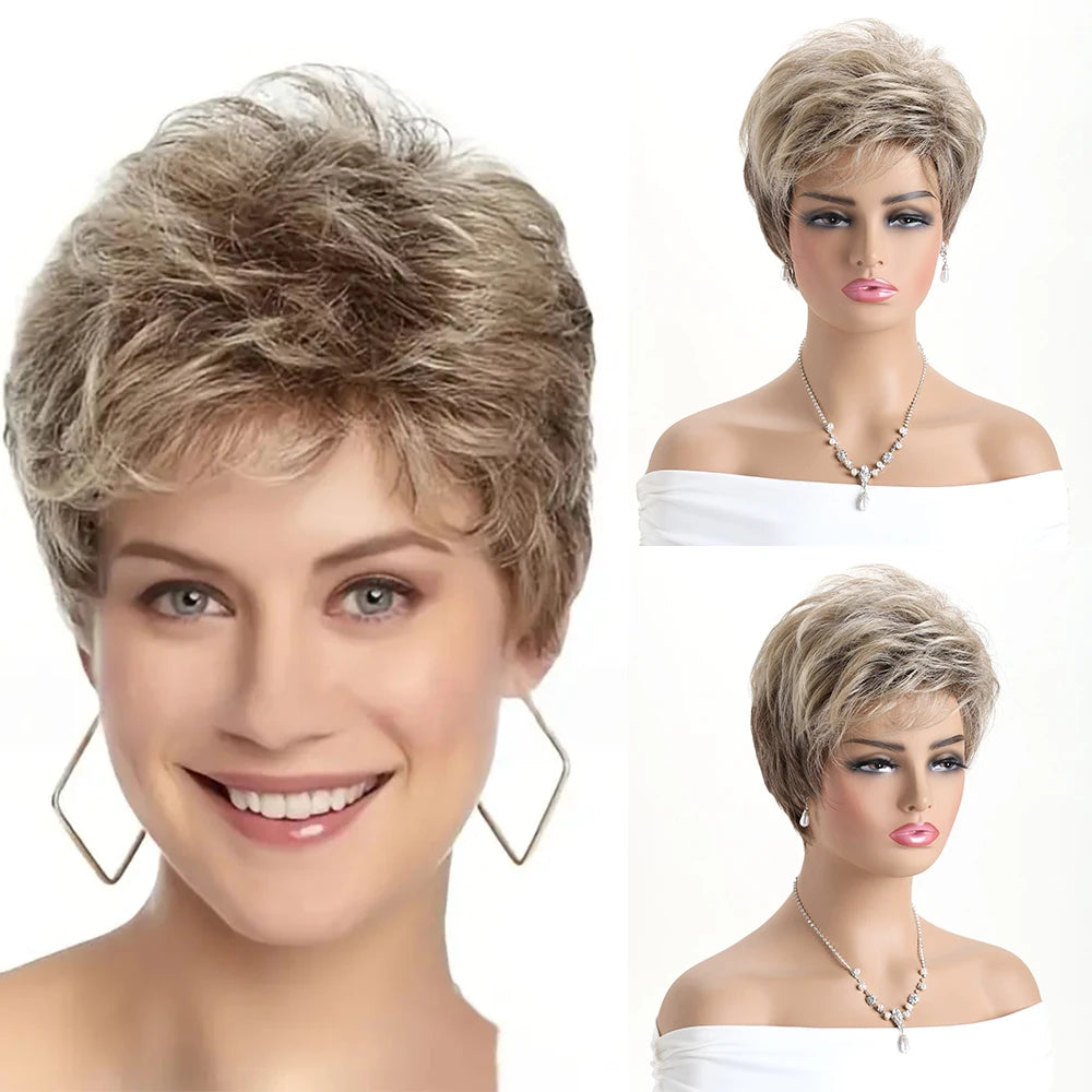 Pelucas naturales cortas con flequillo, pelo suave para mamá, uso diario, pelo sintético rizado corto gris ombré, peluca de fiesta para disfraz para mujer