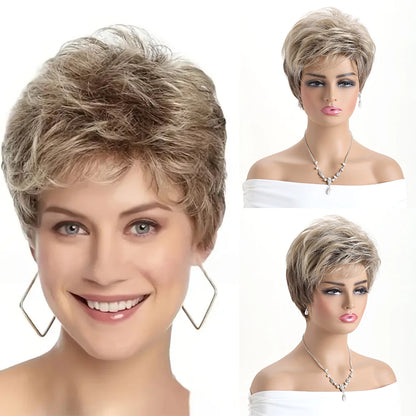 Pelucas naturales cortas con flequillo, pelo suave para mamá, uso diario, pelo sintético rizado corto gris ombré, peluca de fiesta para disfraz para mujer