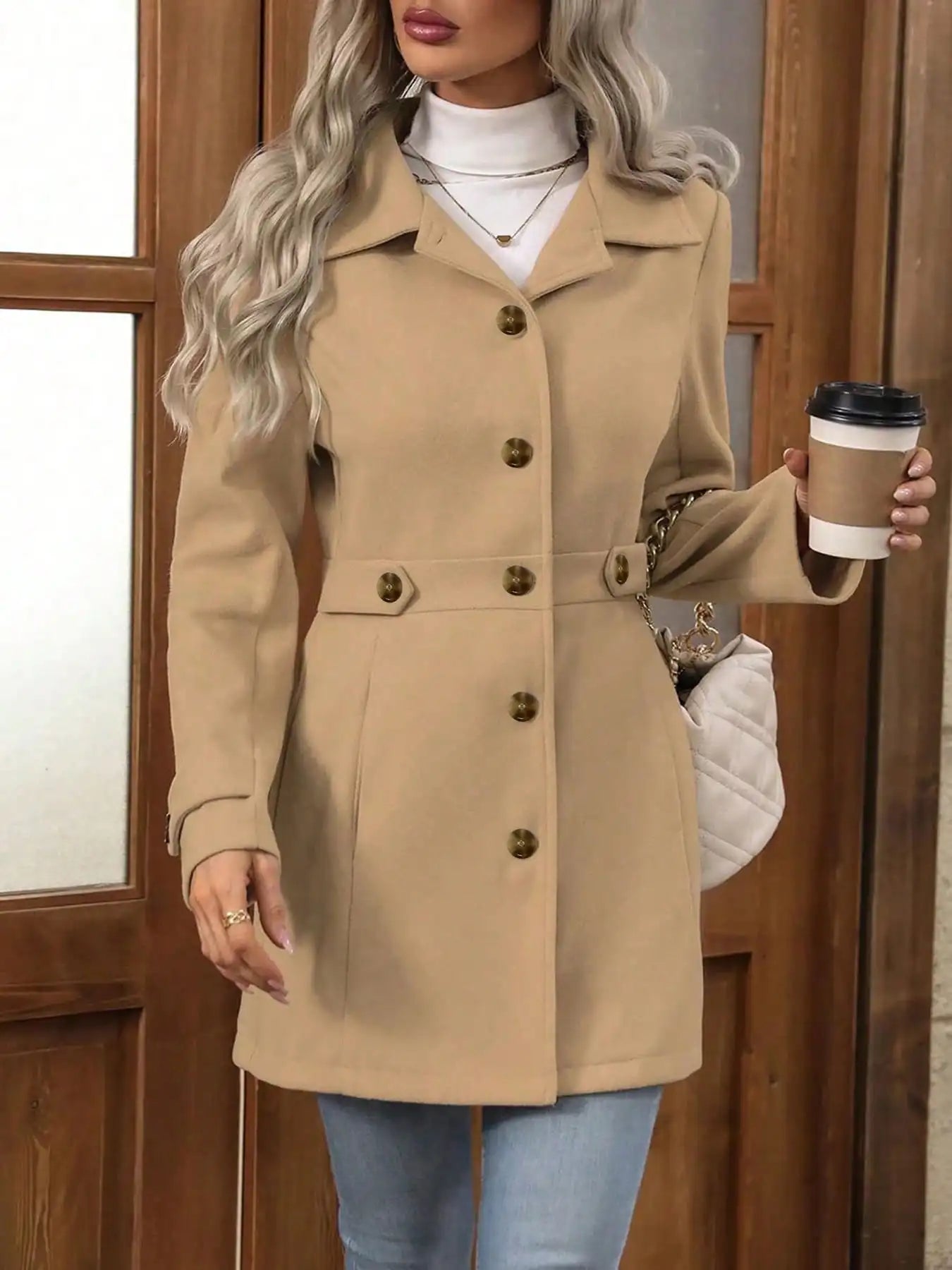 Plus size elegant wool coat for autumn and winter: lapel, button detail, fitted
