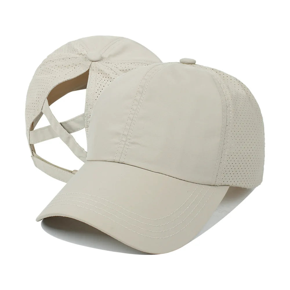 Gorra de béisbol de Color liso para mujer, sombrero de cola de caballo cruzada, malla de secado rápido, visera, Verano