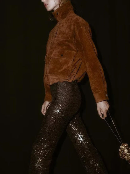 Chaqueta de Piloto de Cuero Puro para Mujer Z, Estilo, Corte Están, Chaqueta Corta, E y de Calidad