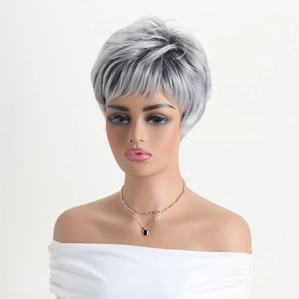 Pelucas naturales cortas con flequillo, pelo suave para mamá, uso diario, pelo sintético rizado corto gris ombré, peluca de fiesta para disfraz para mujer