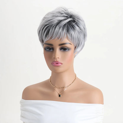 Pelucas naturales cortas con flequillo, pelo suave para mamá, uso diario, pelo sintético rizado corto gris ombré, peluca de fiesta para disfraz para mujer