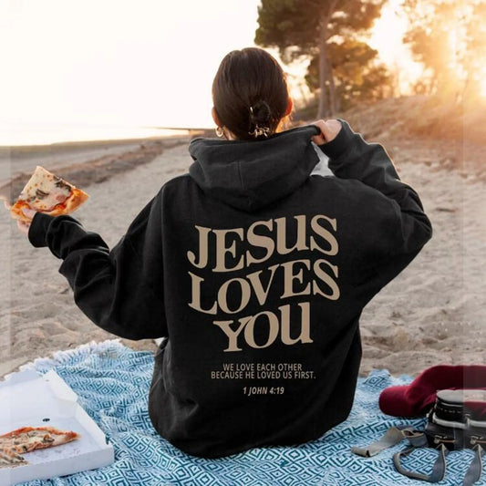 Women's "Jesus Loves You" Print Hoodie, Vintage Hip Hop Hoodie, Trendy Tops, Aesthetic Top