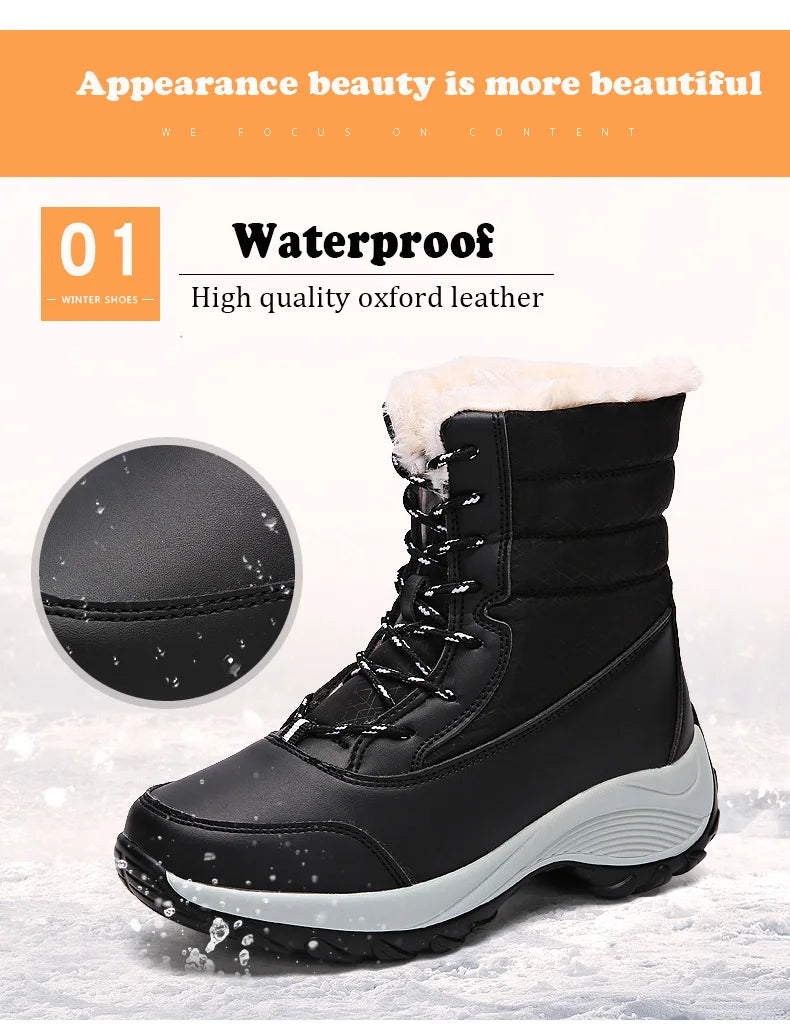 Botas de mujer, botas de tacón impermeables para invierno, botines de plataforma Tren, zapatos de nieve para mantener el calor, botas cortas de felpa para exteriores