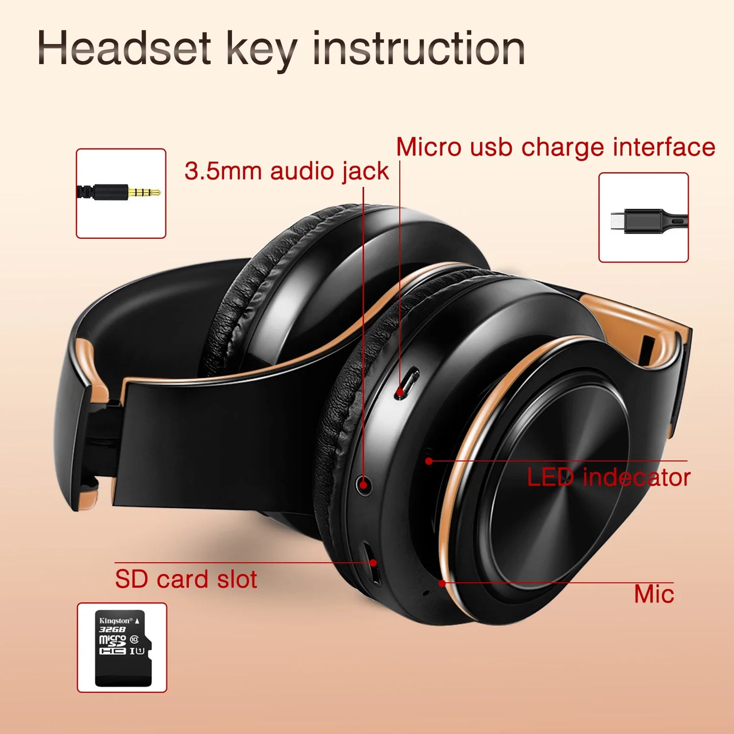 Regalo para Mujer Auriculares inalámbricos dorados Auriculares Bluetooth Auriculares estéreo Juego con micrófono incorporado con universal para Android e iOS