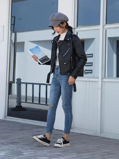 Chaqueta ajustada de cuero de motocicleta Pu Retro americana corta para mujer de primavera y otoño