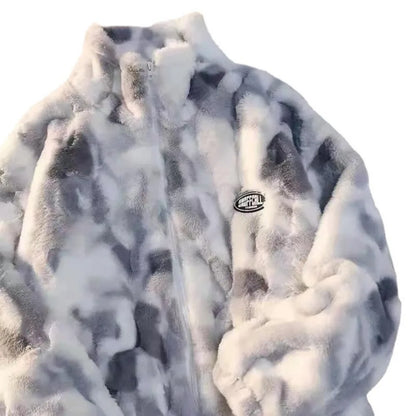 Nueva chaqueta de lana de cordero teñida anudada para mujer, prendas de vestir exteriores con cremallera para otoño e invierno, chaquetas cálidas de felpa, abrigo grueso holgado informal Harajuku para mujer