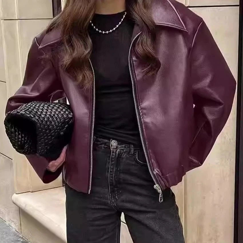 Autumn Winter Retro Leather Jacket 2026 New Women's PU Leather Jacket Short Lapel Motorcycle Loose Coat Women's Biker Leather Coat