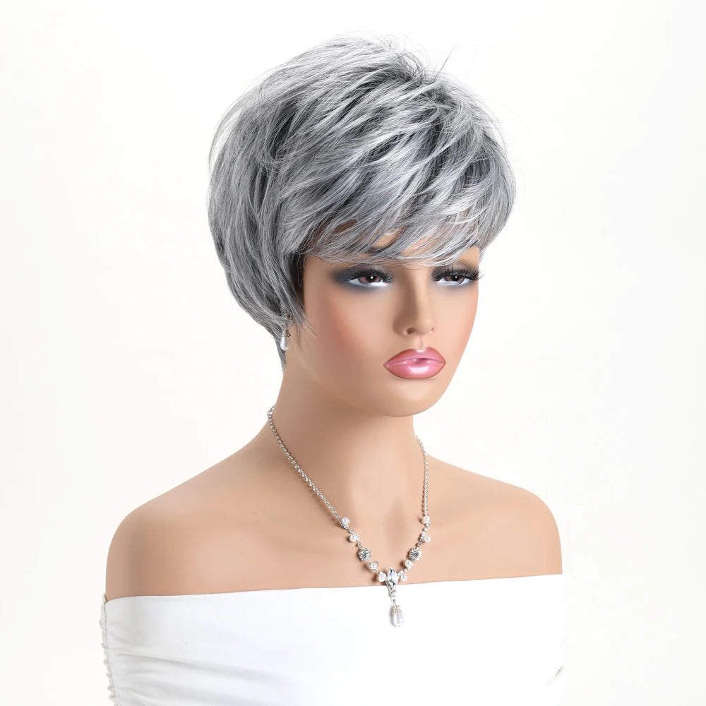 Pelucas naturales cortas con flequillo, pelo suave para mamá, uso diario, pelo sintético rizado corto gris ombré, peluca de fiesta para disfraz para mujer