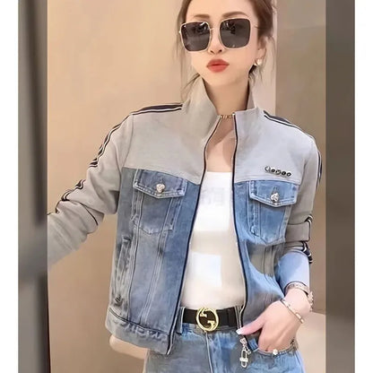 Otoño mujer cuello alto cremallera Denim abrigo coreano señoras Patchwork vaquero prendas de vestir 2025 mujer chaqueta vaquera de manga larga