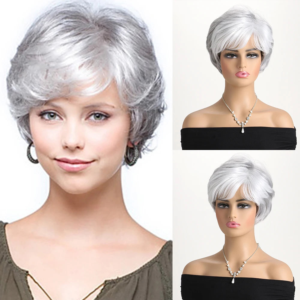 Pelucas naturales cortas con flequillo, pelo suave para mamá, uso diario, pelo sintético rizado corto gris ombré, peluca de fiesta para disfraz para mujer