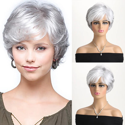 Pelucas naturales cortas con flequillo, pelo suave para mamá, uso diario, pelo sintético rizado corto gris ombré, peluca de fiesta para disfraz para mujer