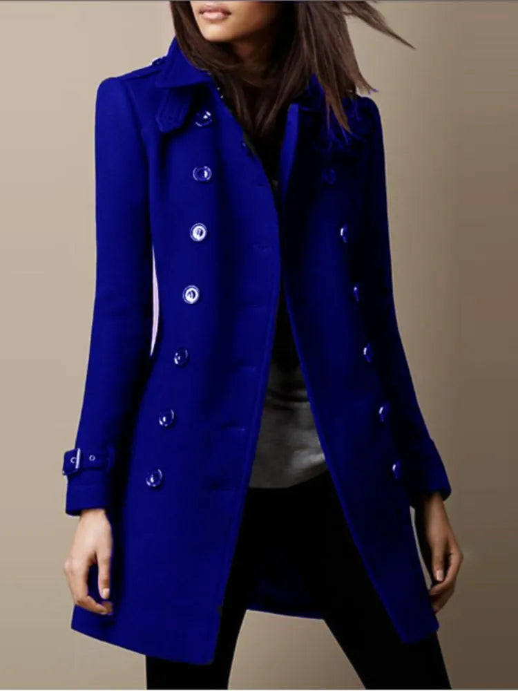 Women's Winter Wool Coats, Lapel Double Breasted Top Coat, Solid Color Slim Elegant Ladies Overcoat.