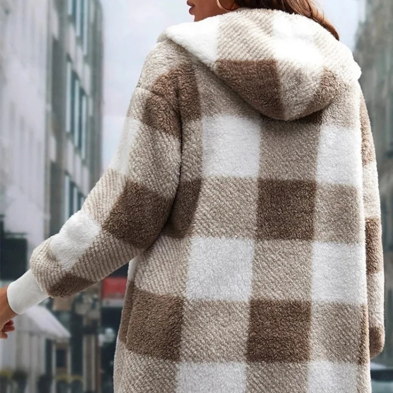 Cárdigan a cuadros de doble lana para mujer, chaqueta suave holgada de manga larga de felpa cálida con capucha, abrigo de retales para mujer, Otoño e Invierno