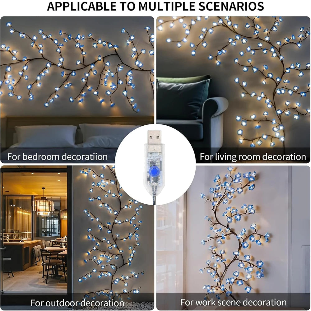 Luces LED de rama montadas en la pared USB, luces de vid de flor de cerezo, 72 LED, 8 modos para decoración navideña interior, paredes, puertas y ventanas