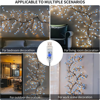 Luces LED de rama montadas en la pared USB, luces de vid de flor de cerezo, 72 LED, 8 modos para decoración navideña interior, paredes, puertas y ventanas