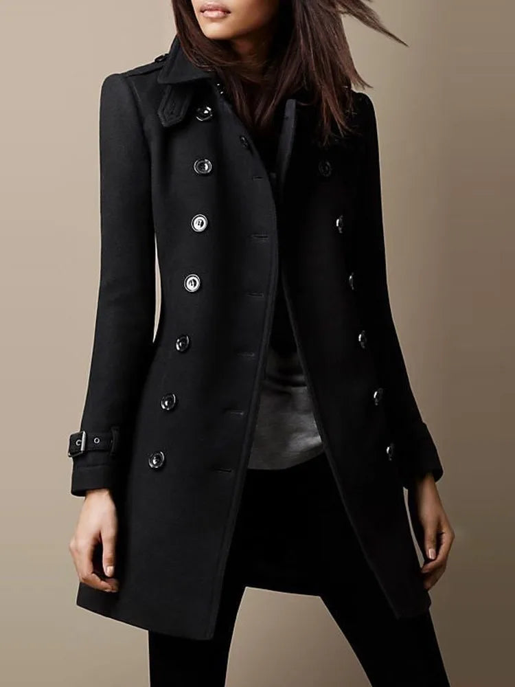 Women's Winter Wool Coats, Lapel Double Breasted Top Coat, Solid Color Slim Elegant Ladies Overcoat.