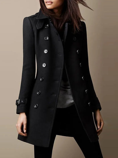 Women's Winter Wool Coats, Lapel Double Breasted Top Coat, Solid Color Slim Elegant Ladies Overcoat.