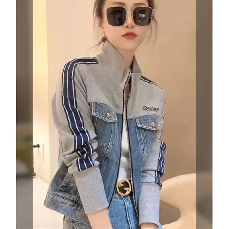 Otoño mujer cuello alto cremallera Denim abrigo coreano señoras Patchwork vaquero prendas de vestir 2025 mujer chaqueta vaquera de manga larga