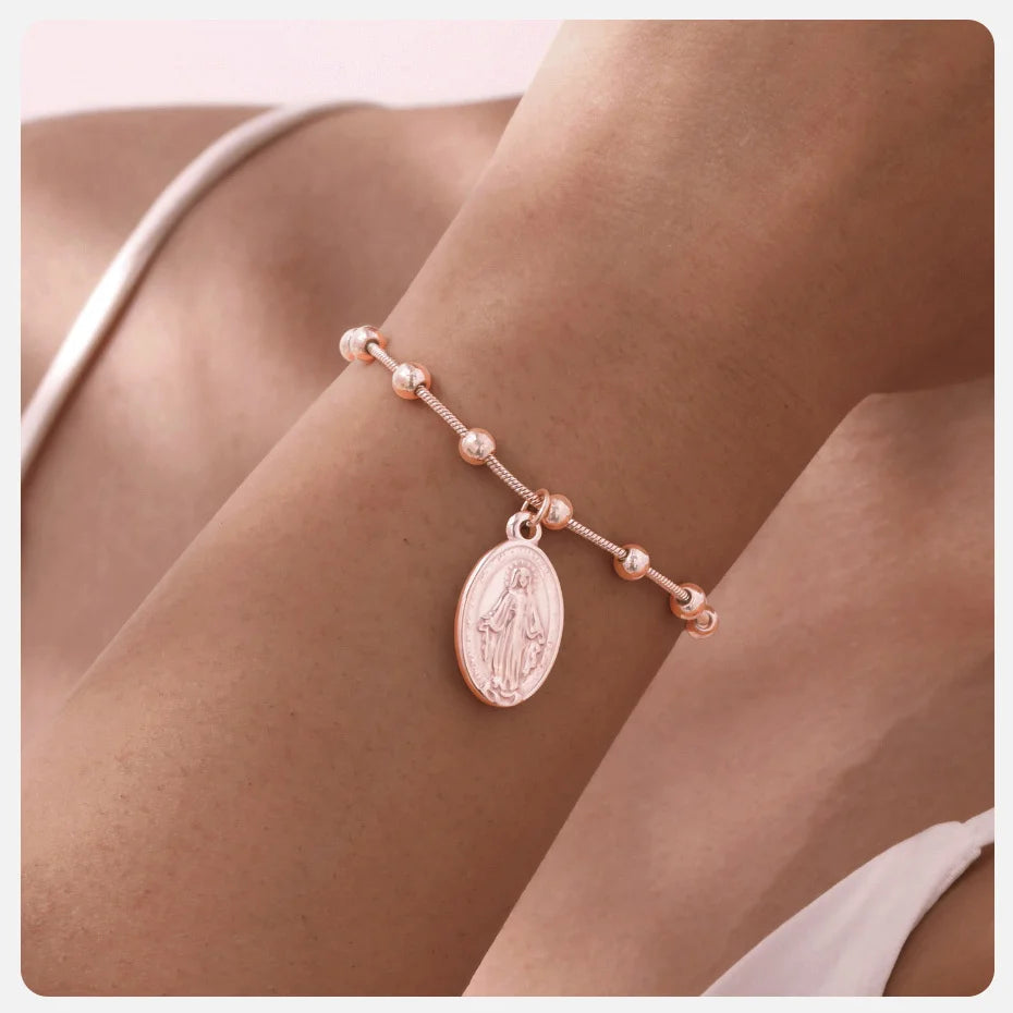 Vnox-pulsera de Rosario para mujer y niña, brazalete de oración de la Virgen María, Cruz religiosa de acero inoxidable chapada en oro, regalos