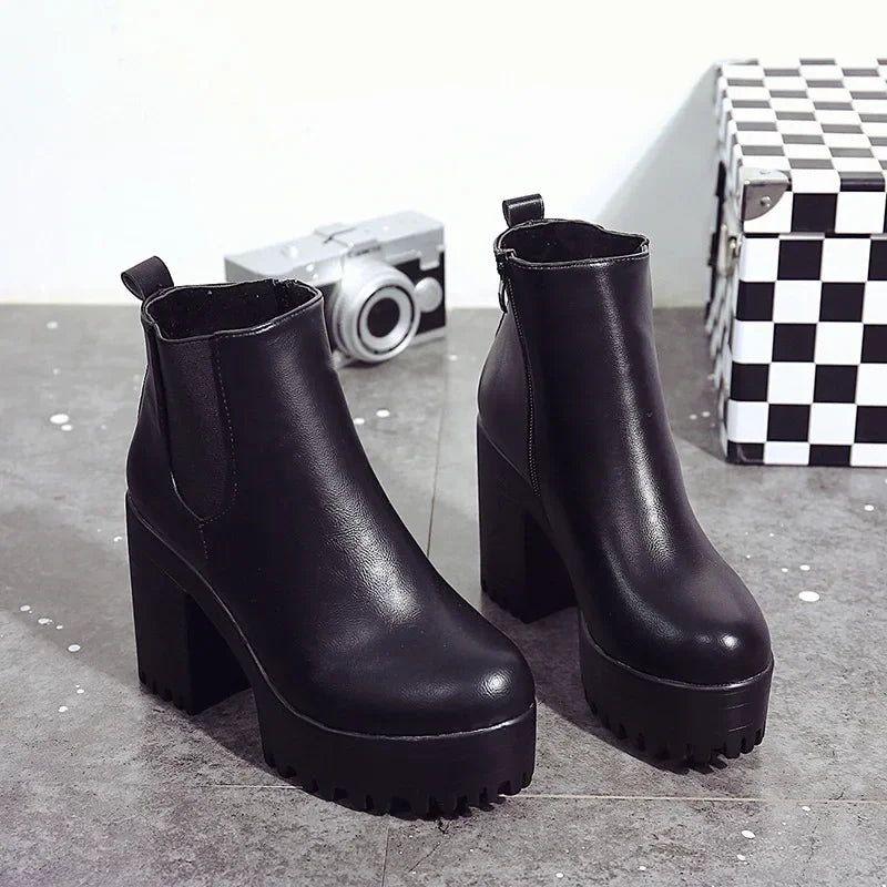 Botas de tacón cuadrado para Mujer, Zapatos con plataforma, de cuero PU, hasta el muslo, para motocicleta