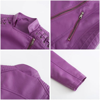 Chaqueta de cuero sintético para mujer, abrigo corto ajustado con cuello levantado y cremallera, ropa de calle para motorista, novedad de primavera y otoño.
