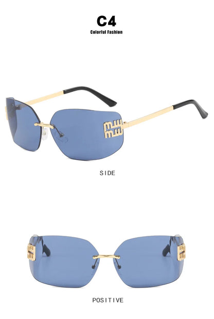 Gafas sin montura de lujo de Metal Funky para mujer, gafas clásicas con remaches de diseñador de marca, gafas de curvas con gradiente rectangular para mujer