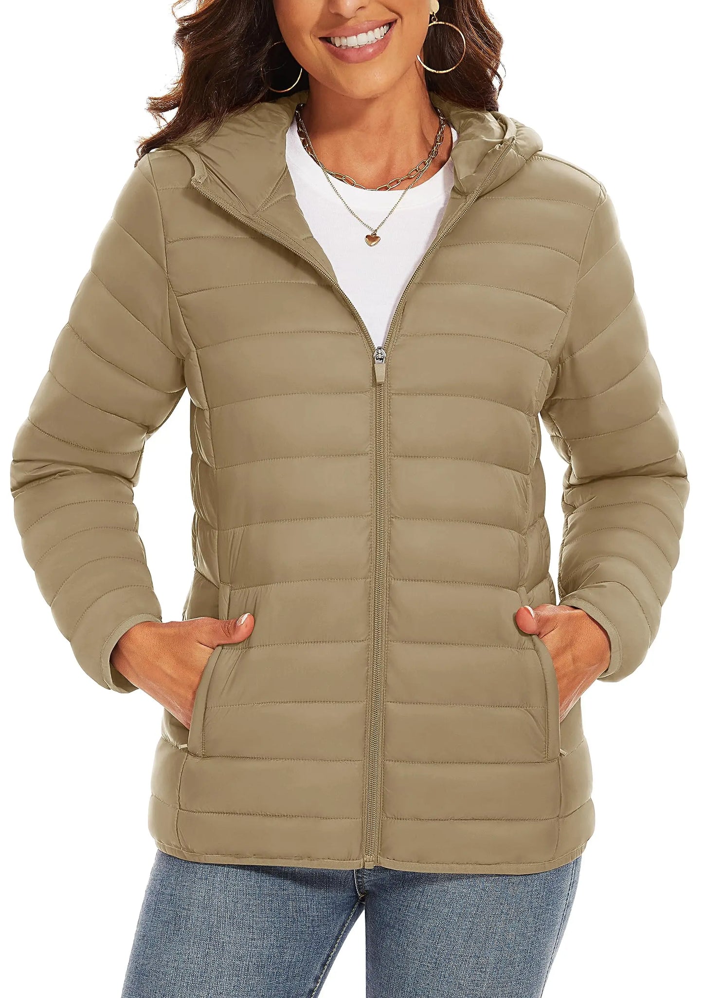 TACVASEN Chaqueta acolchada con capucha y cremallera completa para mujer, abrigos cálidos acolchados de invierno, cortavientos informal, prendas de vestir ligeras acolchadas para exteriores
