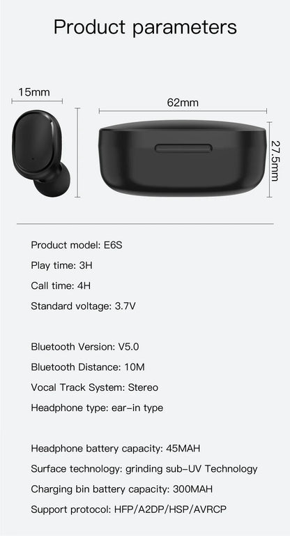E6S TWS auriculares inalámbricos deportivos impermeables Bluetooth 5,0 auriculares estéreo con micrófono para Iphone Xiaomi Vivo Oppo