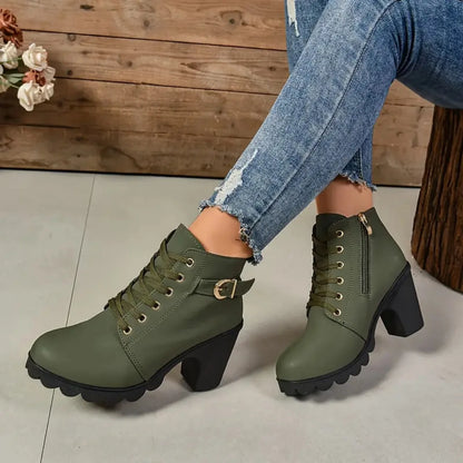 Botas antideslizantes con cordones para Mujer, zapatos De tacón alto, moda al aire libre, alta calidad, Otoño e Invierno