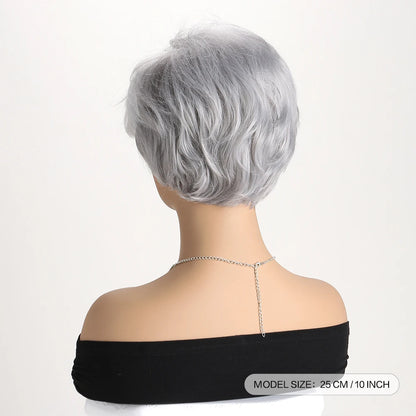 Pelucas naturales cortas con flequillo, pelo suave para mamá, uso diario, pelo sintético rizado corto gris ombré, peluca de fiesta para disfraz para mujer