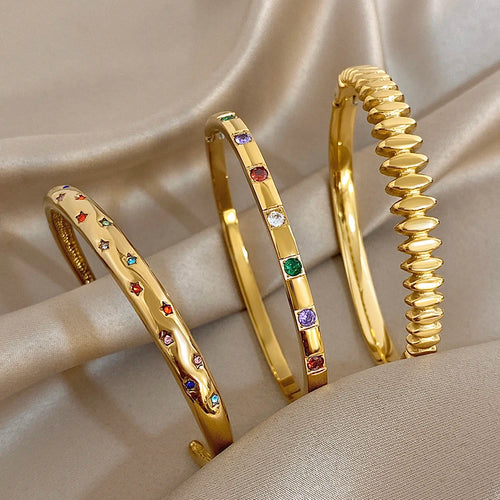 Nueva pulsera chapada en oro de acero inoxidable con incrustaciones de diamantes de imitación coloridos, lujosas brazaletes abiertos, pulseras para mujeres y hombres, joyería