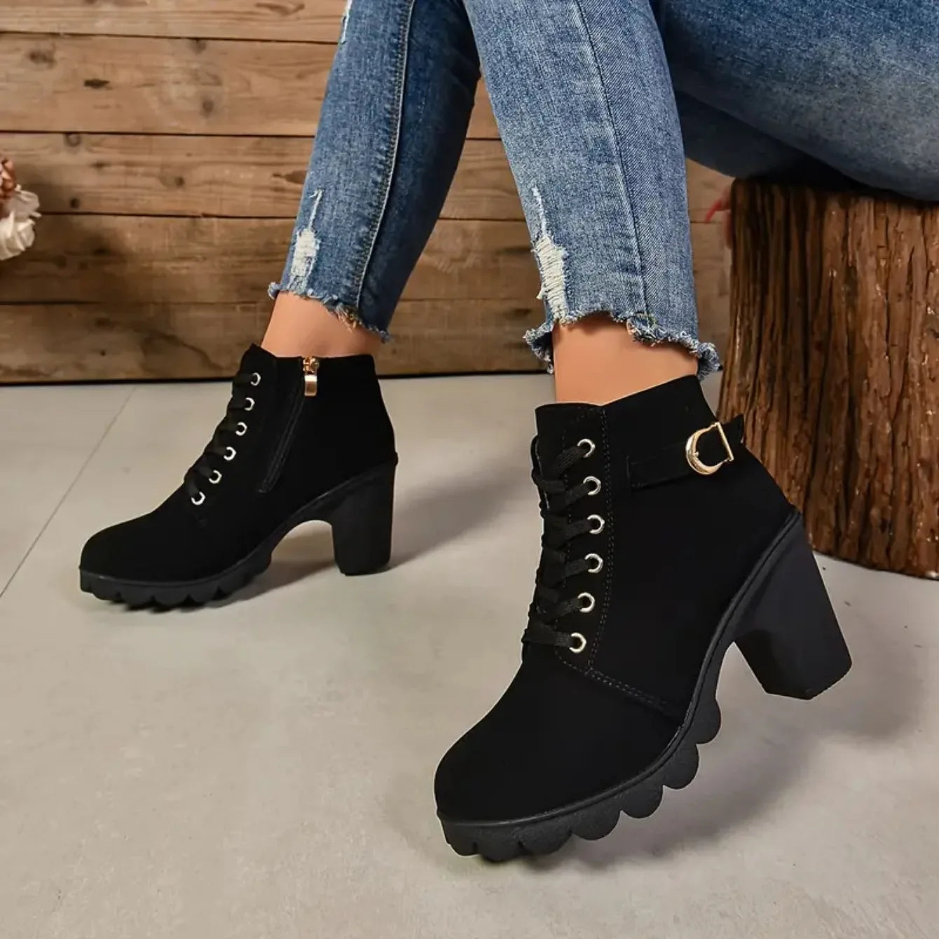 Botas antideslizantes con cordones para Mujer, zapatos De tacón alto, moda al aire libre, alta calidad, Otoño e Invierno