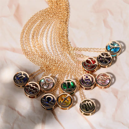 Collares con colgante de 12 constelaciones ahuecados de doble cara Retro para mujer, gargantilla de piedra natal con diamantes de imitación de cristal, signo del zodiaco