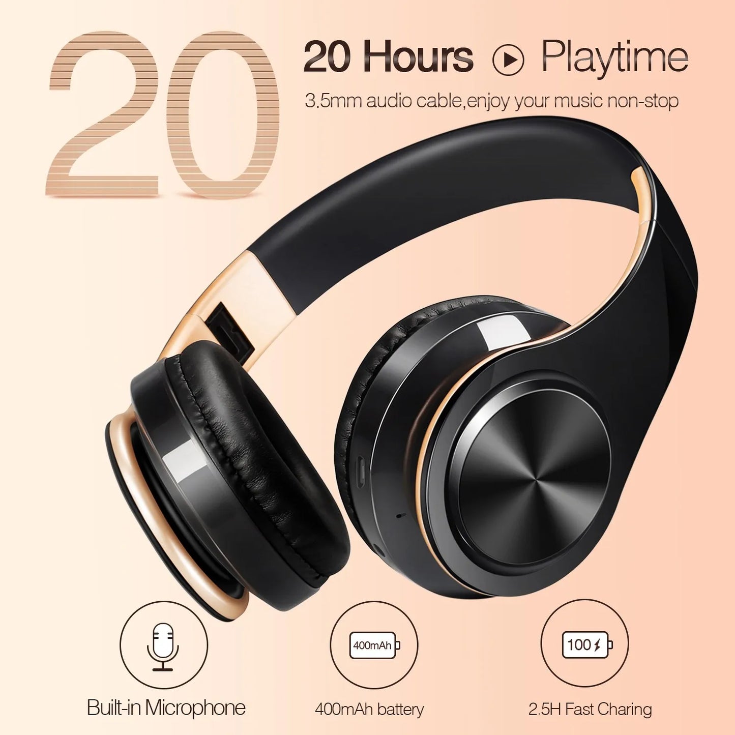 Regalo para Mujer Auriculares inalámbricos dorados Auriculares Bluetooth Auriculares estéreo Juego con micrófono incorporado con universal para Android e iOS
