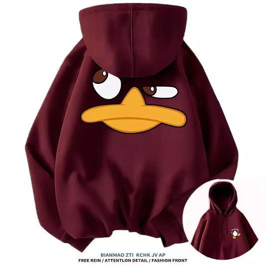 Unisex Cartoon Duck Print Oversized Hoodie, Warm Casual Top for Daily Outdoor Sports, Autumn and Winter