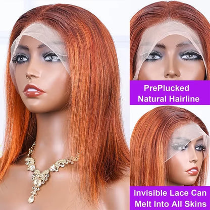 Peluca Bob con Frente de Encaje Recto 13x4, 100% Cabello Humano, Color Naranja Jengibre Sedoso, 200% de Densidad, con Reflejos Naranja P4-350, Pre-Desplumada