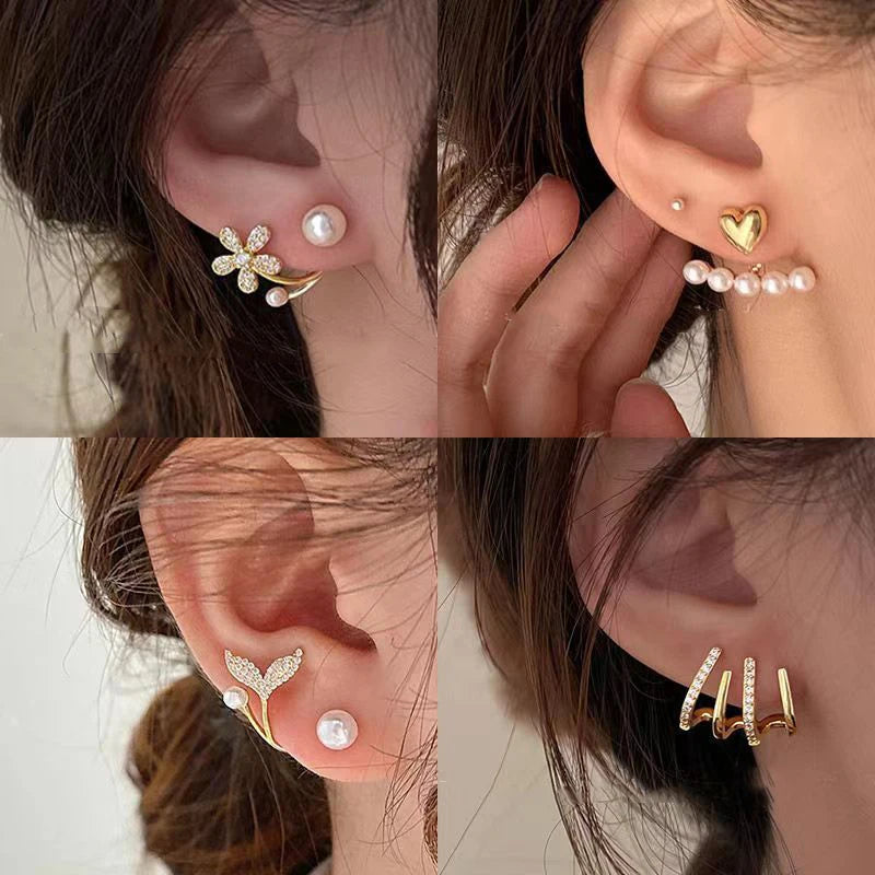 Pendientes coreanos de Metal en forma de corazón, pendientes colgantes en la espalda con perlas de cola de pez para mujeres y niñas, regalo de joyería elegante de cristal 2024