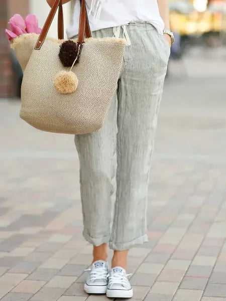 Pantalones informales de lino y algodón para mujer, pantalones hasta el tobillo elásticos de cintura alta de Color sólido para primavera y verano, pantalones Harem con bolsillos para mujer