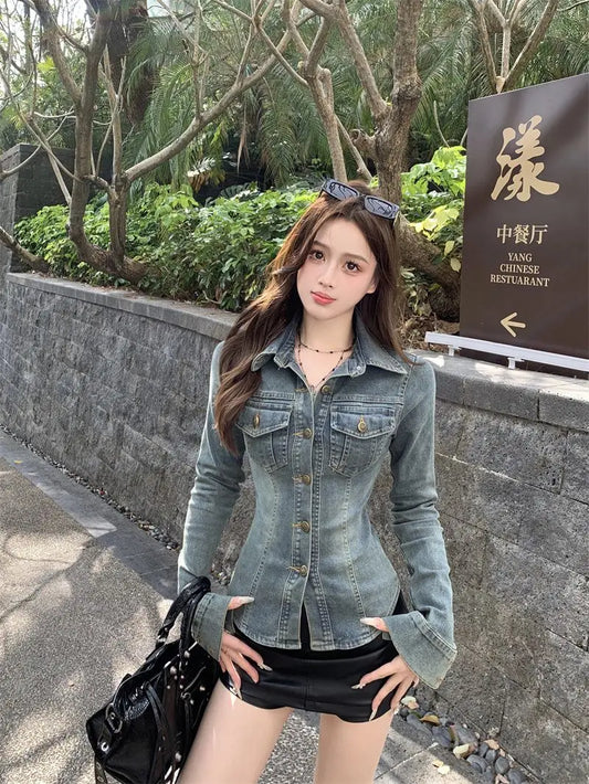 Blusa vaquera para mujer, chaqueta informal lisa con cordones de algodón, estilo callejero, estilo euroamericano, Vintage, nueva primavera