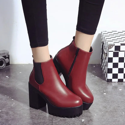Botas de tacón cuadrado para Mujer, Zapatos con plataforma, de cuero PU, hasta el muslo, para motocicleta