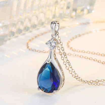 Luxury Necklace for Women, 925 Sterling Silver Jewelry Accessories, Waterdrop Shape Sapphire Zircon Gemstone Pendant, Wedding Party Gift