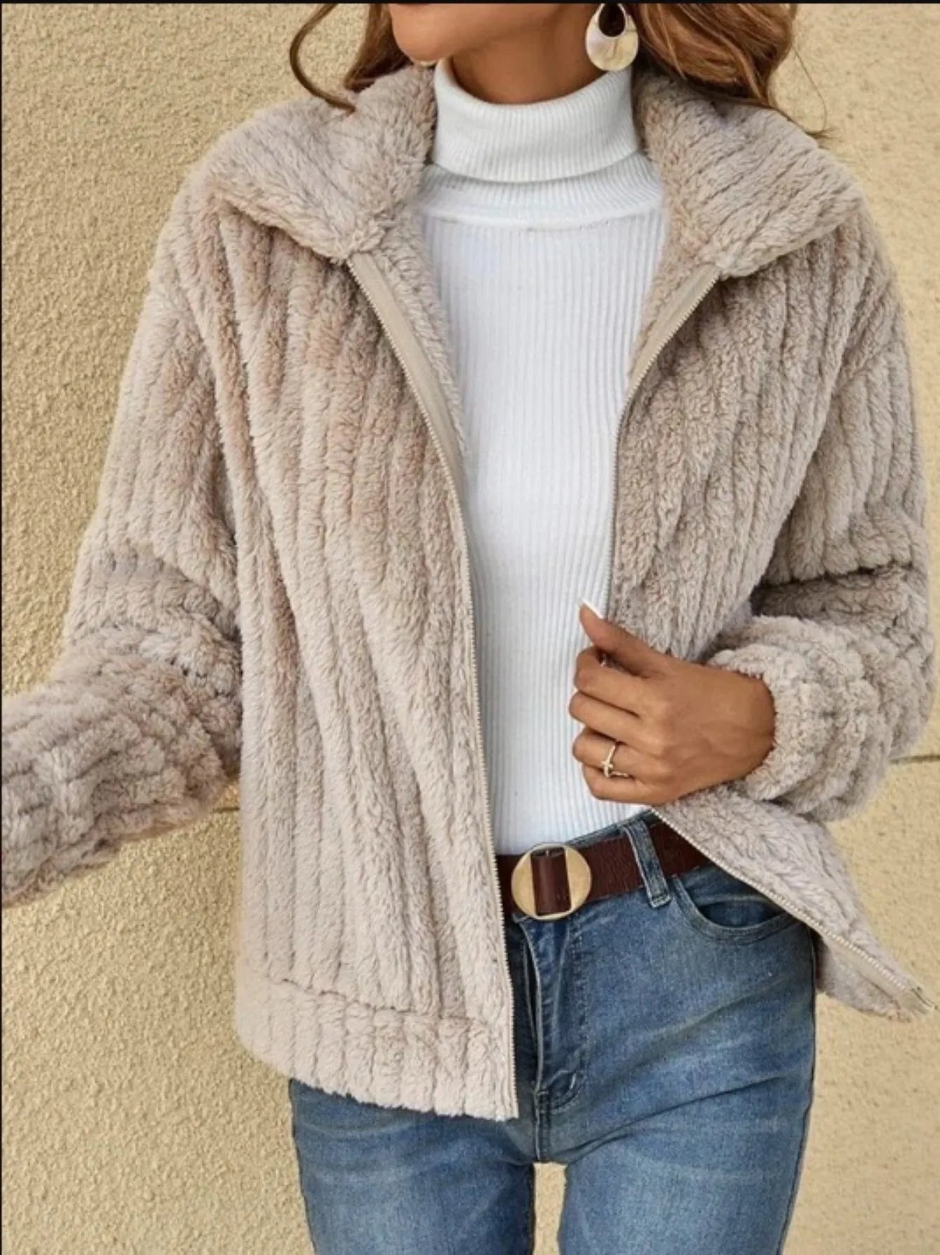 Cárdigan de felpa acanalado con huecos para otoño/invierno, abrigo de cuello corto 34/2000, ropa de abrigo cálida y acogedora a la moda para mujer