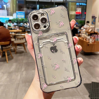 Soft Card Holder Phone Case for iPhone 13, 11, 16e, 15, 12, 14, 17, 16 Pro Max, 7 Plus, XR SE, Clear Aesthetic Flower Cover