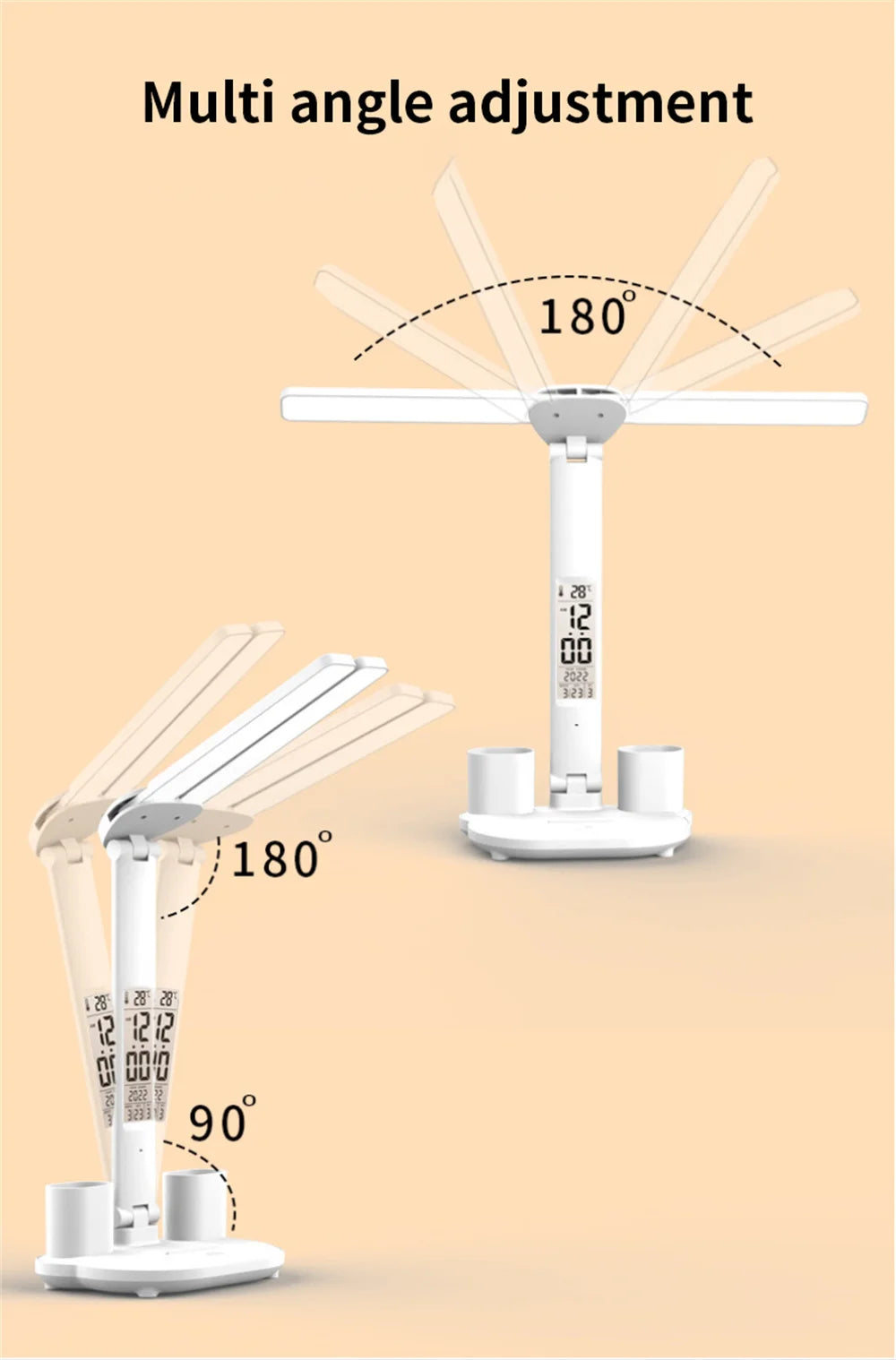 Lámpara de escritorio LED, lámpara de mesa plegable táctil regulable por USB con calendario, reloj de temperatura, luz nocturna para estudio, lámpara de lectura
