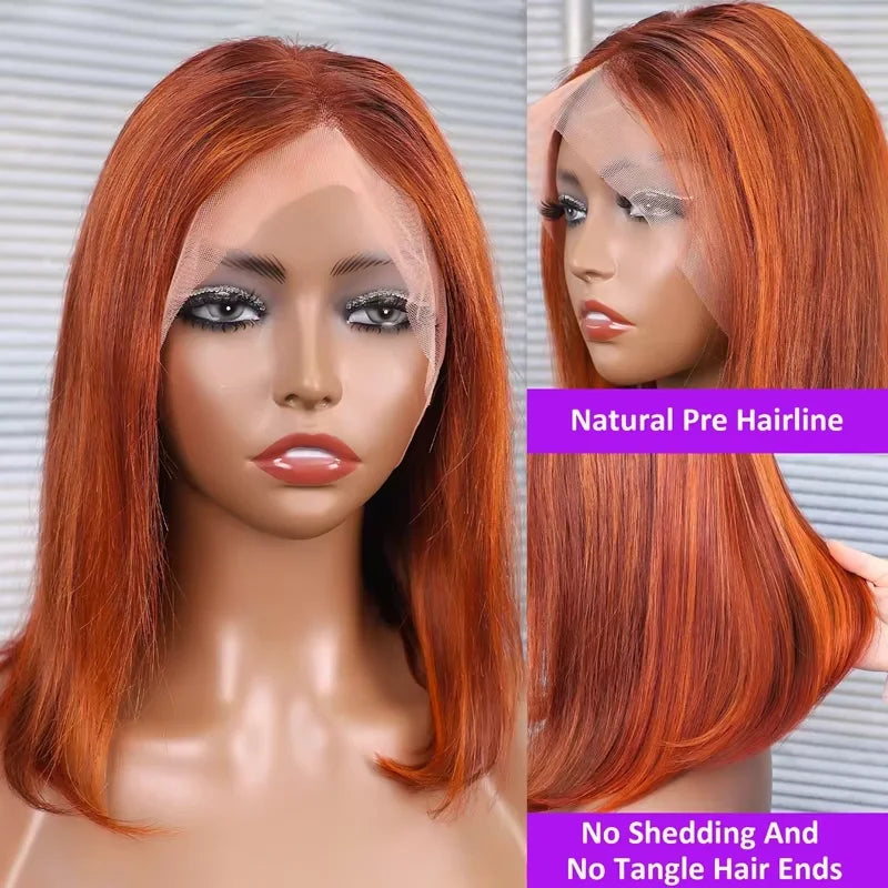 Peluca Bob con Frente de Encaje Recto 13x4, 100% Cabello Humano, Color Naranja Jengibre Sedoso, 200% de Densidad, con Reflejos Naranja P4-350, Pre-Desplumada