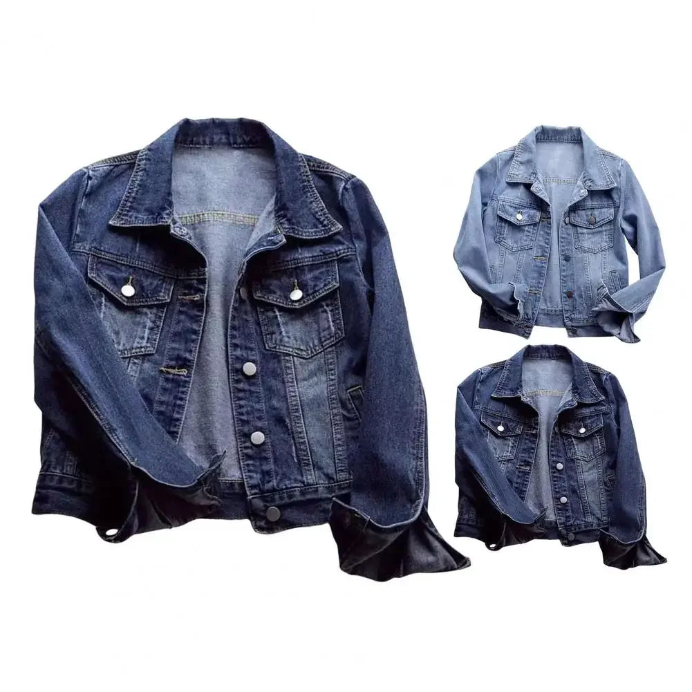 Chaqueta vaquera para mujer, chaqueta con solapa en el pecho y un solo pecho, abrigo corto ajustado de manga larga, chaquetas vaqueras Retro para mujer, prendas de vestir exteriores