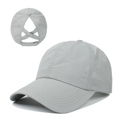 Gorra de béisbol de Color liso para mujer, sombrero de cola de caballo cruzada, malla de secado rápido, visera, Verano