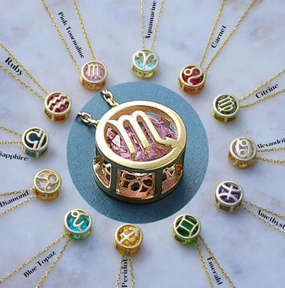 Collares con colgante de 12 constelaciones ahuecados de doble cara Retro para mujer, gargantilla de piedra natal con diamantes de imitación de cristal, signo del zodiaco
